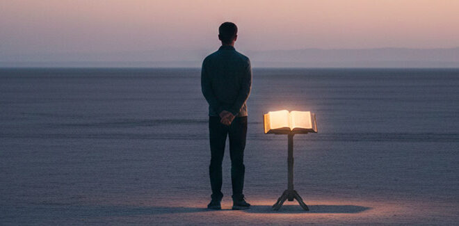 A solitary figure standing on a vast, open landscape