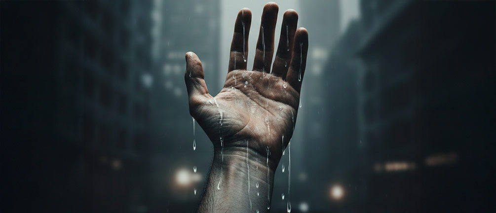 A biblical life lessons. A powerful visual metaphor for 'tears of the oppressed.' Show a single, stark image of an anonymous hand reaching out, perhaps with rain or tears subtly depicted, in a muted, somber color palette. The background could be blurred, suggesting a harsh urban or desolate environment. Convey a sense of profound sadness and injustice without being overly graphic. High-contrast, emotive.