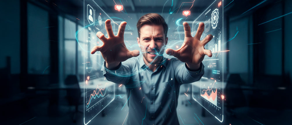 A biblical life lessons. stylized, surreal image depicting a person's hands frantically trying to grasp smoke or wisps of wind. The setting could be a modern office or a virtual space (like glowing social media feeds in the background), subtly connecting 'chasing the wind' to contemporary ambition and envy. Use colors that feel slightly artificial or fleeting. The expression on the person's face should convey frustration or futility.