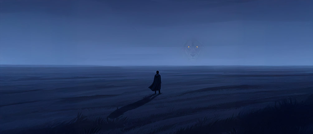 biblical life lessons. A visual analogy of a lone individual looking vulnerable in a vast, open, and slightly foreboding landscape (a wide-open plain with shadows). The atmosphere should convey isolation and a hint of unseen danger, without being overtly menacing. Focus on the sense of being alone and exposed. A subtle artistic rendering of a distant, shadowy lion-like figure could be very abstractly suggested in the background.